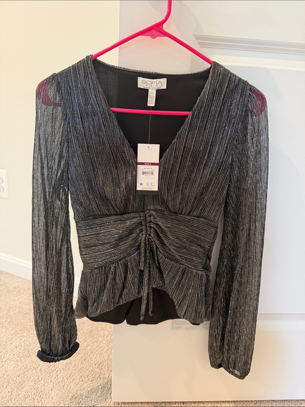 sofia by sofia vergara Metallic Black Ruched V-Neck Peplum Blouse
